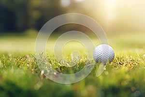 Close-up Golf Ball on Tee with Serene Green Bokeh Background, Perfect Shot on the Golf Course