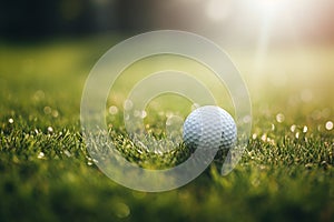 Close-up Golf Ball on Tee with Serene Green Bokeh Background, Perfect Shot on the Golf Course