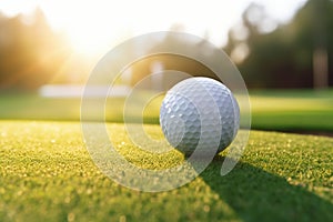 Close-up Golf Ball on Tee with Serene Green Bokeh Background, Perfect Shot on the Golf Course