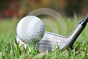 Close up of Golf Club and ball on the fairway