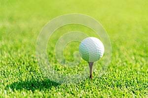 Close up Golf club hitting golf ball along fairway towards green with copy space,