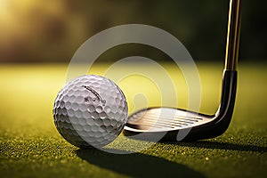 Close-Up of Golf Club Striking the Ball with Perfect Timing on the Green. created with Generative AI