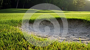 Close-up of a golf course bunker with lush green grass around it, showcasing the contrasting textures and the background green