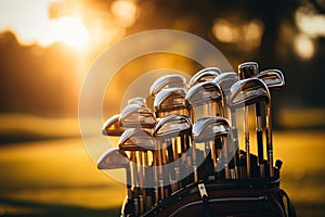 Close-up of golf gear on sunlit fairway