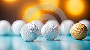 Close-up golfer putting golf balls into hole on blurred white background, copy space for text