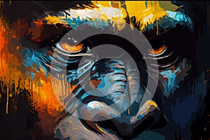 close-up Gorilla. vector, jungle, orange lighting, face, king kon