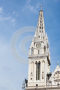 Close up on the gothic clocktower of Zagrebacka Katedrala, or Zagreb cathedral, in afternoon from Kaptol district.