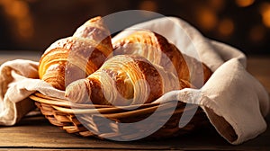Close up Gourmet Buttery and Flaky Croissant Bread in Vienna Style on a Basket with Cloth on Top of a Table with Dark