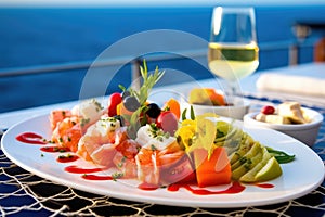 a close-up of gourmet food on a cruise ship deck