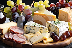 Close-up of a gourmet platter variety of cheeses and charcuterie, grapes in natural light glisten