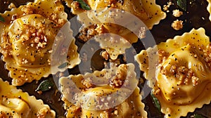 Close-up of gourmet ravioli topped with sage leaves and a sweet and savory crumble, bathed in syrup drizzles