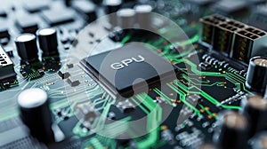Close-up of a GPU on a circuit board with glowing green lines and components, highlighting advanced technology