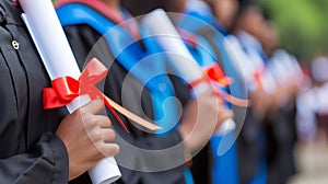 Close-up of graduates in regalia holding diplomas with red ribbons,