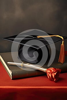close-up of a graduation cap and diploma on a table
