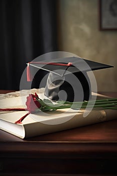 close-up of a graduation cap and diploma on a table