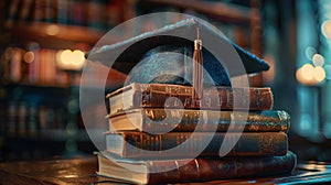 Close-up of a graduation cap placed on a stack of various hardcover books.