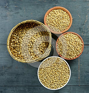 close up of grains and wheat ears on white background