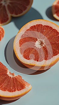 A close up of a grapefruit cut within half placed on a plate.