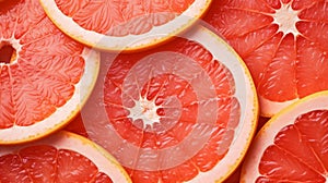 Close-up Grapefruit slices abstract background in Living Coral color of the Year 2019. Generative AI