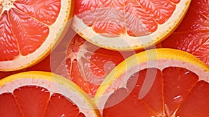 Close-up Grapefruit slices abstract background in Living Coral color of the Year 2019. Generative AI