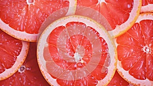 Close-up Grapefruit slices abstract background in Living Coral color of the Year 2019. Generative AI