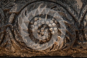 Close up of grapes carving at the ruins of Capernaum in Israel.