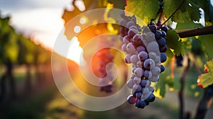 A close up of grapes hanging from vine with sunset background