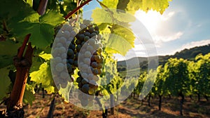 Close-up of grapes, vineyard against the background in the light of the sun