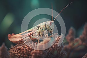 a close up of a grasshopper on a flower stem