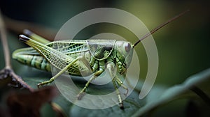 Close up of grasshopper on green leaf. Macro shot.