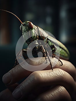A close-up of a grasshopper on a human finger in cinematographic lighting. AI generated
