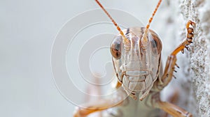 A close up of a grasshopper on the wall with its antennae sticking out, AI