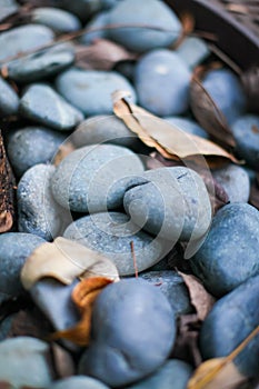 Close up of gray and dark blue smooth river rock