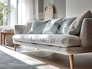 Close up of gray fabric sofa with blue cushions against window in the room. Created with generative AI