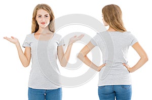 Close up of gray t shirt set. Woman in blank template tshirt with copy space isolated on white background. Front and rear view.