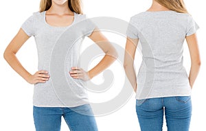 Close up of gray t shirt set. Woman in blank template tshirt with copy space isolated on white background. Front and rear view.