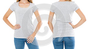 Close up of gray t shirt set. Woman in blank template tshirt with copy space isolated on white background. Front and rear view.