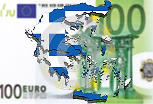 Close up on Greece map on Euro money background