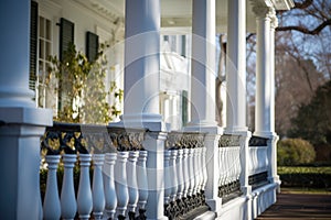 close-up of a greek revival porchs railings and intricate designs