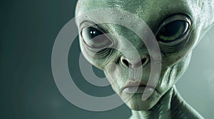 A close up of a green alien with big eyes and no mouth, AI