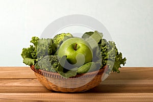 close up green apple with mixed green vegetable  for healthy organic green food concept , top view or overhead shot for banner