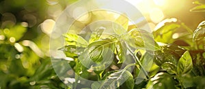 Close Up of Green Basil Plant With Sun Shining