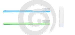 Green and blue toothbrush with toothpaste isolated on white background.