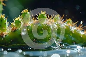 Dew drops on vibrant green cactus spines photo