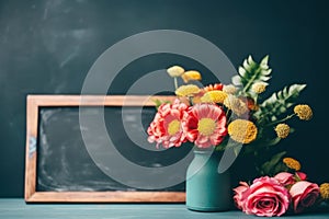 Close up with a green chalkboard adorned with vibrant and colorful flowers, educational photo