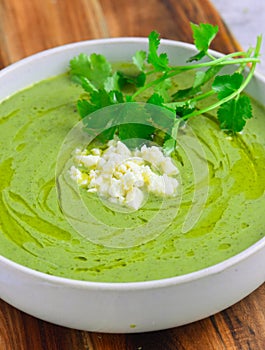Close up of green cold spinach soup