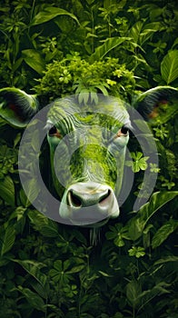 Close up of green cow's face surrounded by green leaves. Generative AI