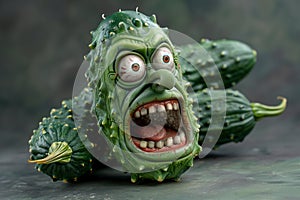 Close-up of a green cucumber creature with its mouth open