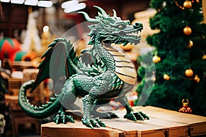 Close up of a green dragon statue on a wooden box at the Christmas market. Selective focus