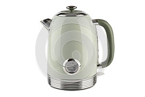 Close-up of green electric kettle with thermometer without cord.